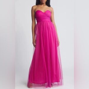Chelsea28 Pink Ruched Strapless Tule Gown
